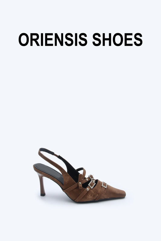 Brown Buckle Slingback Heels