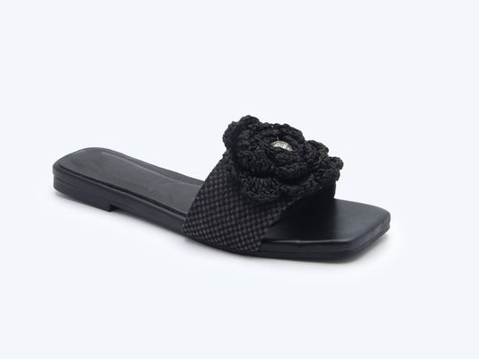 Black Crochet Bloom Flat