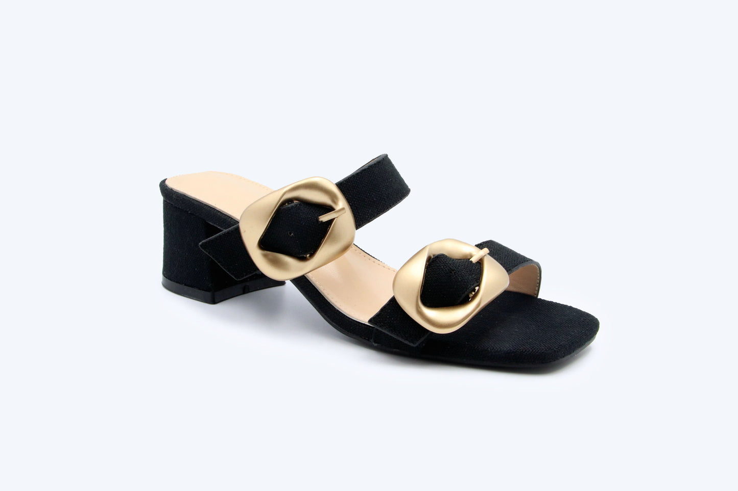Black Denim Buckle Mule