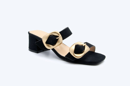 Black Denim Buckle Mule