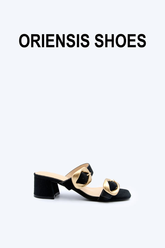 Black Denim Buckle Mule