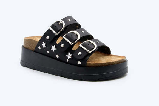Black Star Triple Buckle Flats