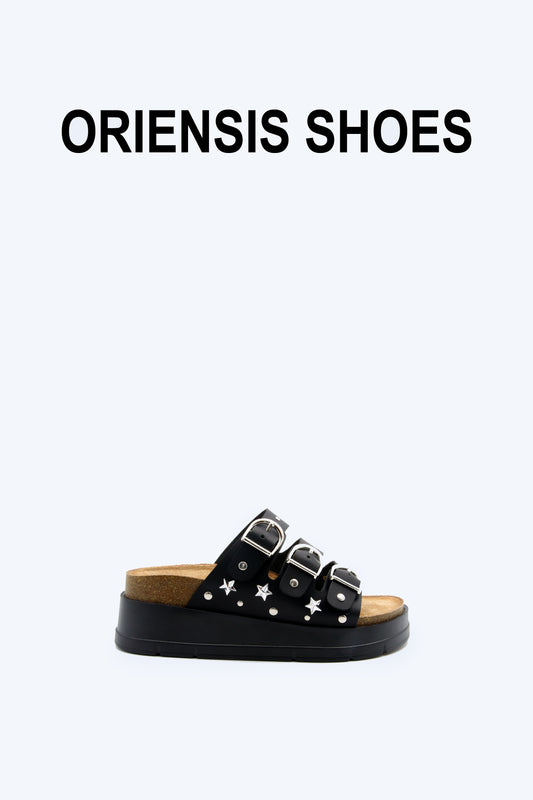 Black Star Triple Buckle Flats