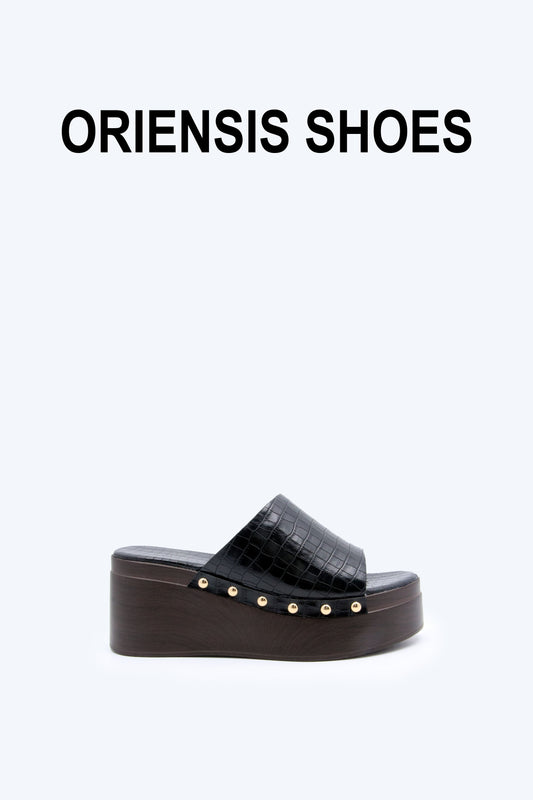 Black Rivet Wedge Sandal